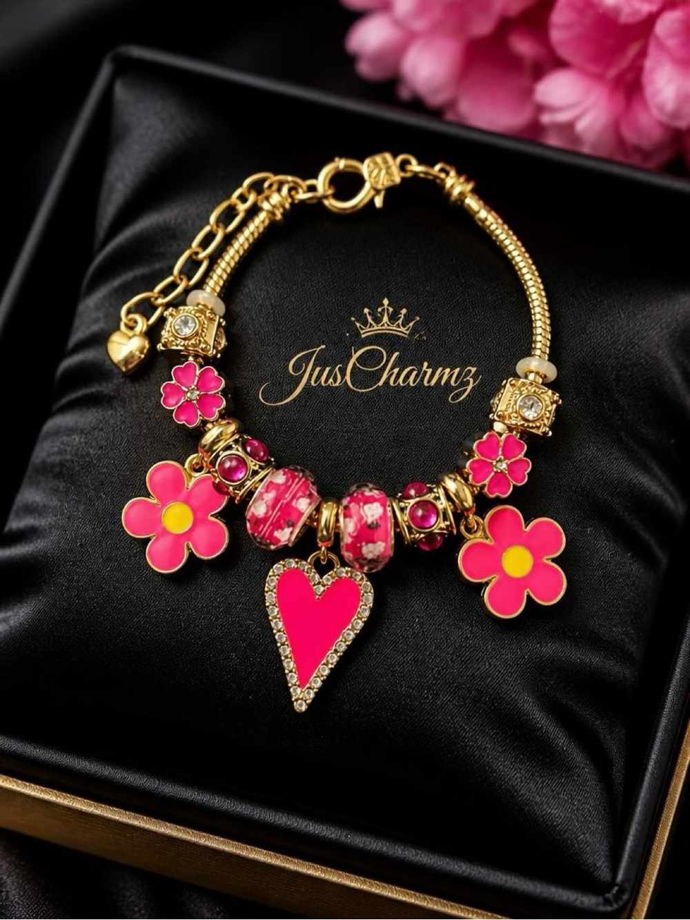 Gold Bracelet with Hot Pink Heart & Flower Charms